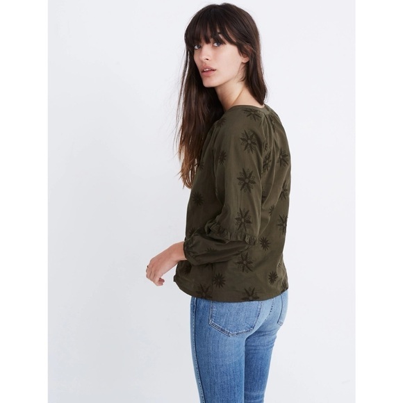 Madewell Embroidered Bubble Sleeve Blouse Top in Dark Olive - Picture 13 of 14